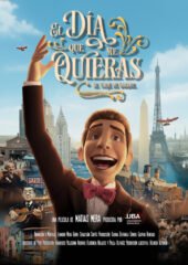 Animated poster for El día que me quieras: El viaje de Gardel, showing a young Carlos Gardel smiling and waving in front of Buenos Aires, New York, Paris, and a transatlantic ship.