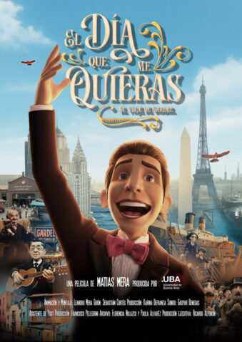 Animated poster for El día que me quieras: El viaje de Gardel, showing a young Carlos Gardel smiling and waving in front of Buenos Aires, New York, Paris, and a transatlantic ship.
