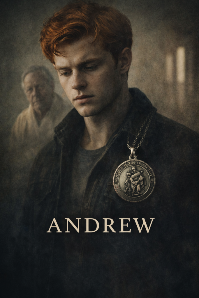 Key art for Andrew, showing a solemn young man with red hair wearing a Saint Christopher medallion, with an older man blurred in the background.