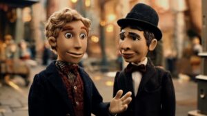 Animated young Carlos Gardel speaks with a friend on a warm, early twentieth-century city street.