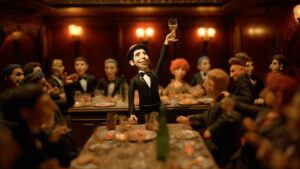 Animated Carlos Gardel raises a glass during an elegant dinner surrounded by guests.