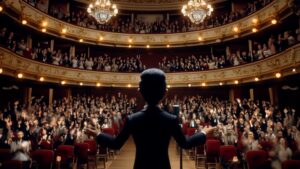 Animated Carlos Gardel stands onstage before a cheering audience in a grand theater.
