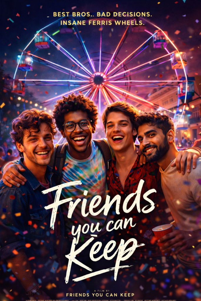 Key art for Friends You Can Keep, showing four young men smiling at a carnival with a brightly lit Ferris wheel behind them.