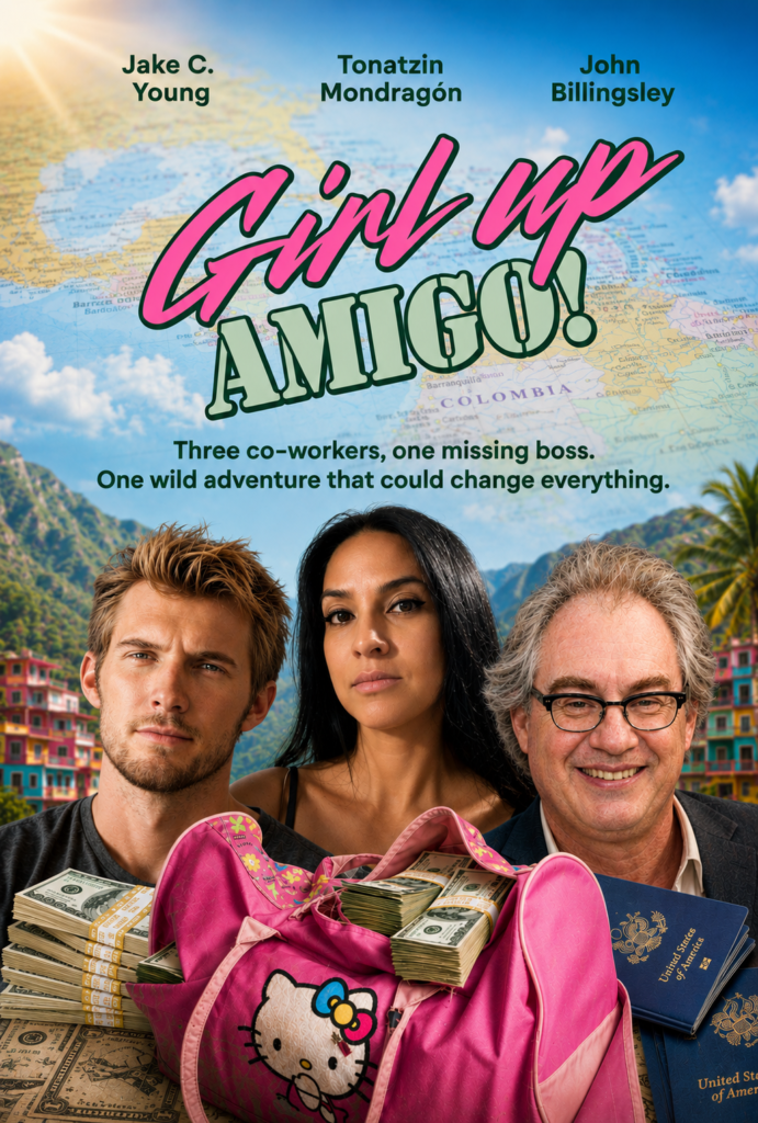 Key art for Girl Up Amigo!, showing three characters in front of a Colombia map, mountains, cash, passports, and a pink travel bag.