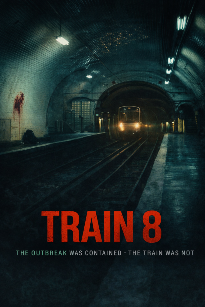 Key art for Train 8, showing a train approaching through a dark underground station with ominous lighting and blood on the wall.