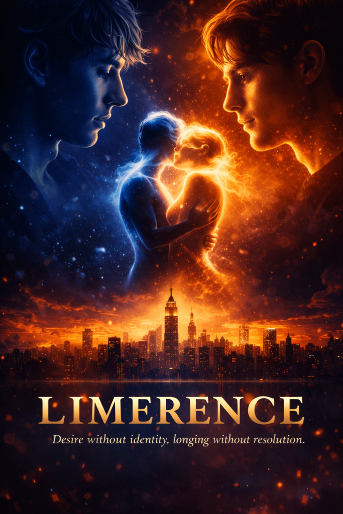 Key art for Limerence, showing two men facing each other in blue and orange light, with a glowing couple suspended above a city skyline.