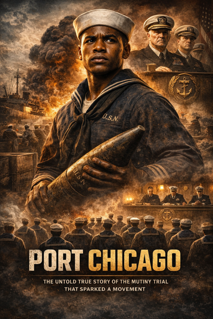 Key art for Port Chicago, showing a Black U.S. Navy sailor holding artillery amid explosions, naval officers, ships, and a military trial.