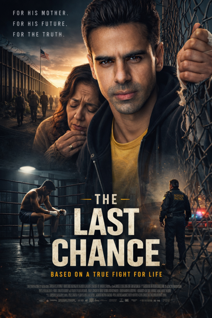 Key art for The Last Chance, showing a determined man by a border fence, an emotional older woman, a boxing ring, border patrol imagery, and police lights.