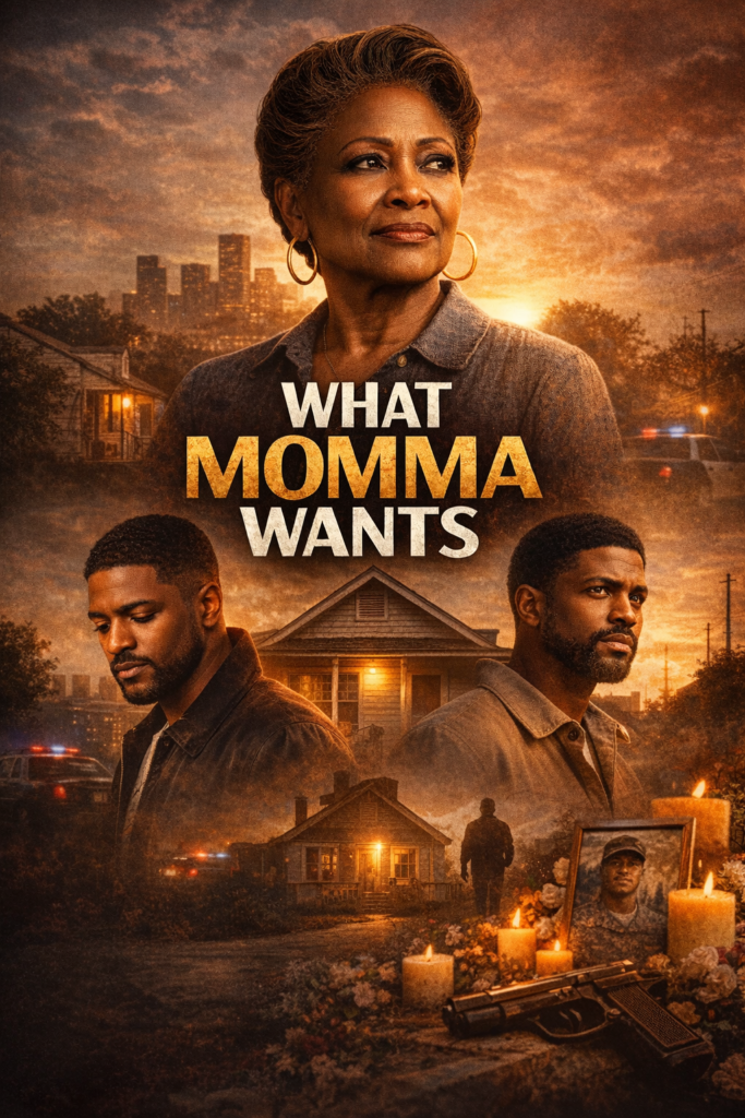 Key art for What Momma Wants, showing an older woman above two men, with houses, police lights, candles, a framed photo, and a handgun.